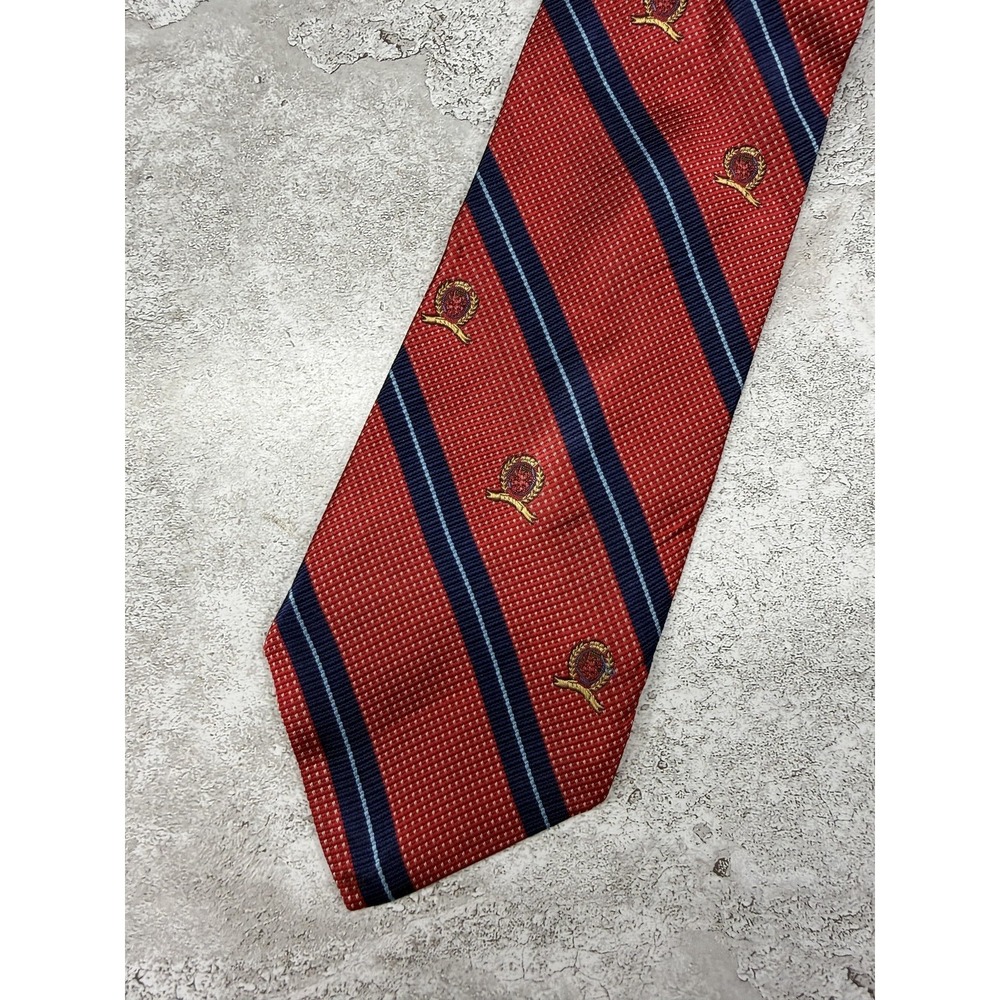 Tommy Hilfiger Silk Tie Mens One‎ Size Red Striped Logo Made In USA Necktie